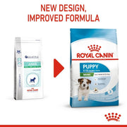 Two Royal Canin pet food packages with text indicating a new design and improved formula.
