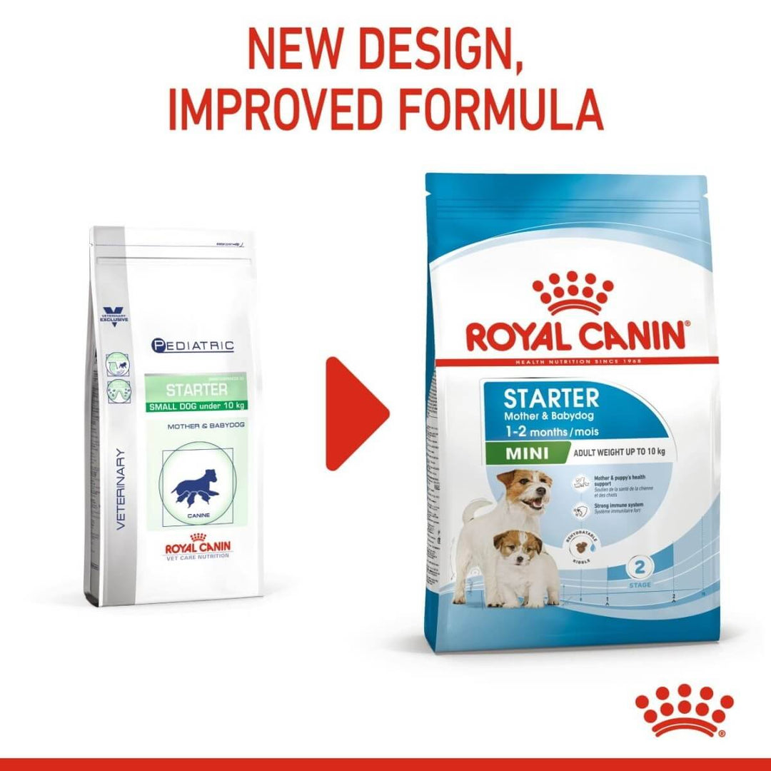 Two packages of Royal Canin dog food with text indicating a new design and improved formula.