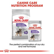 Royal Canin dog food packages for sterilised dogs on a white background