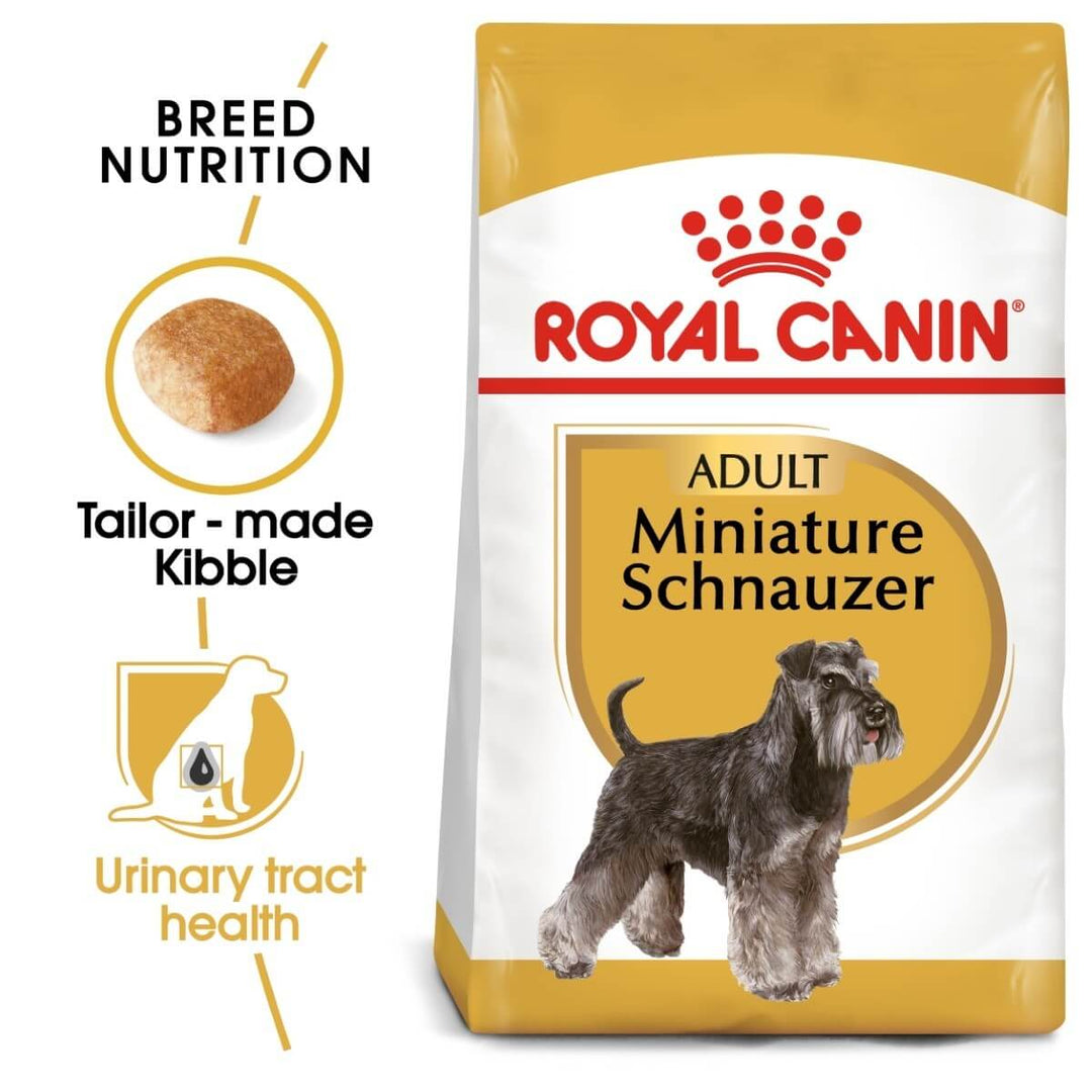 Royal Canin Adult Miniature Schnauzer dog food packaging with brand logo and product features.