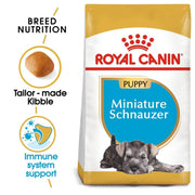 Royal Canin Puppy Miniature Schnauzer dog food bag with text and images on a white background