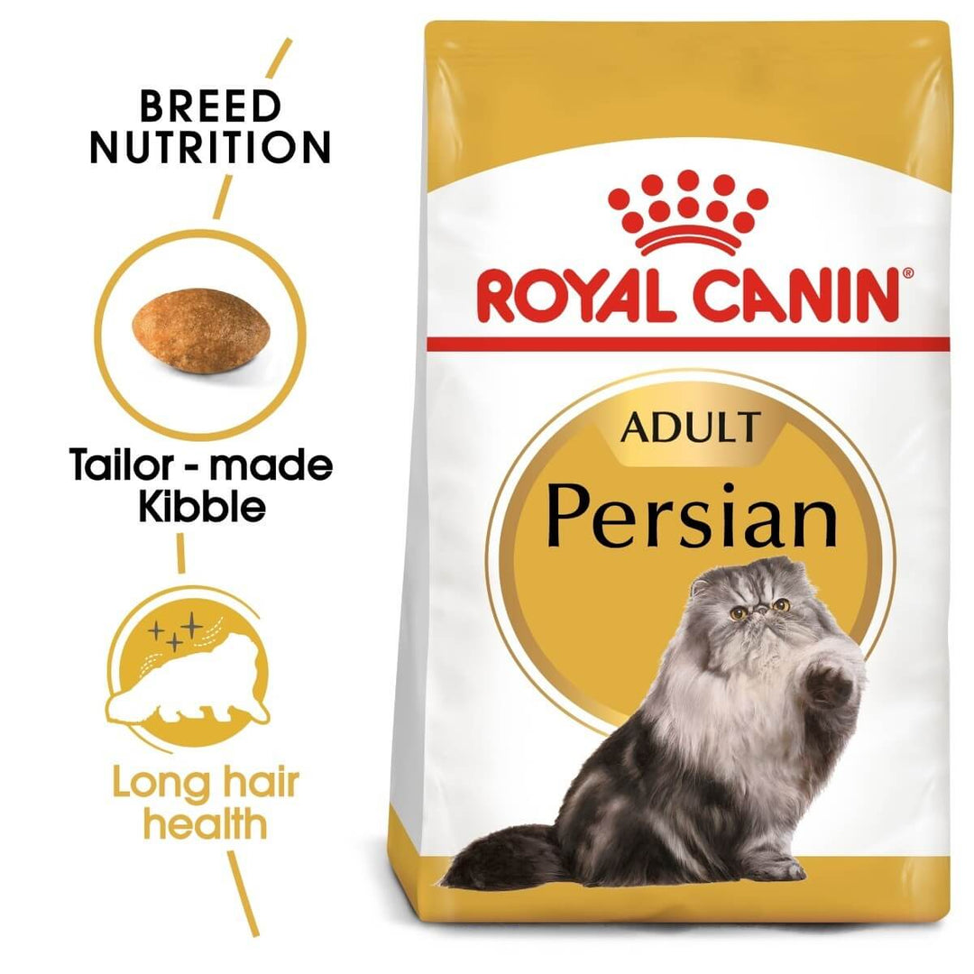Royal Canin Persian cat food bag with text highlighting features on a white background