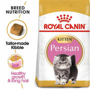 Royal Canin Persian kitten food packaging with text about breed nutrition.