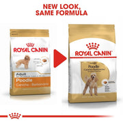 Two packages of Royal Canin Adult Poodle dog food with a red arrow between them.