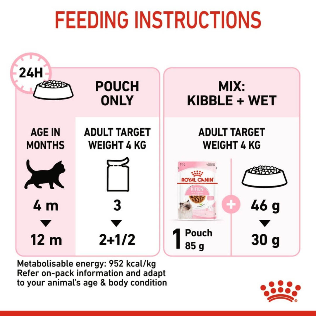 Feeding instructions for a cat with Royal Canin logo