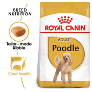 Royal Canin Adult Poodle dog food packaging with text and images of a poodle.