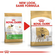Two packages of Royal Canin Pug dog food with a red arrow between them.