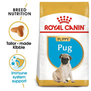 Royal Canin Pug Puppy dog food packaging with key features highlighted.