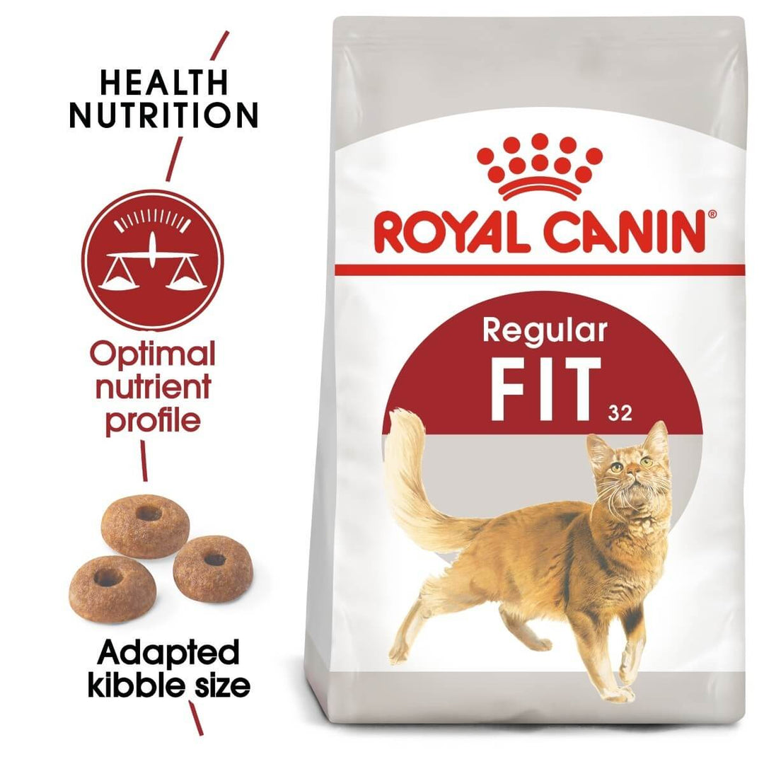 Royal Canin Regular Fit 32 cat food bag with a cat illustration and product features.