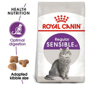Royal Canin cat food package with a cat on it, featuring brand name and product details.