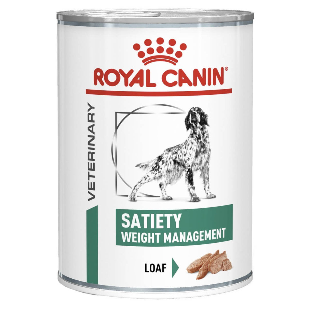 Royal Canin Veterinary Diet Satiety Weight Management can for dogs on a white background
