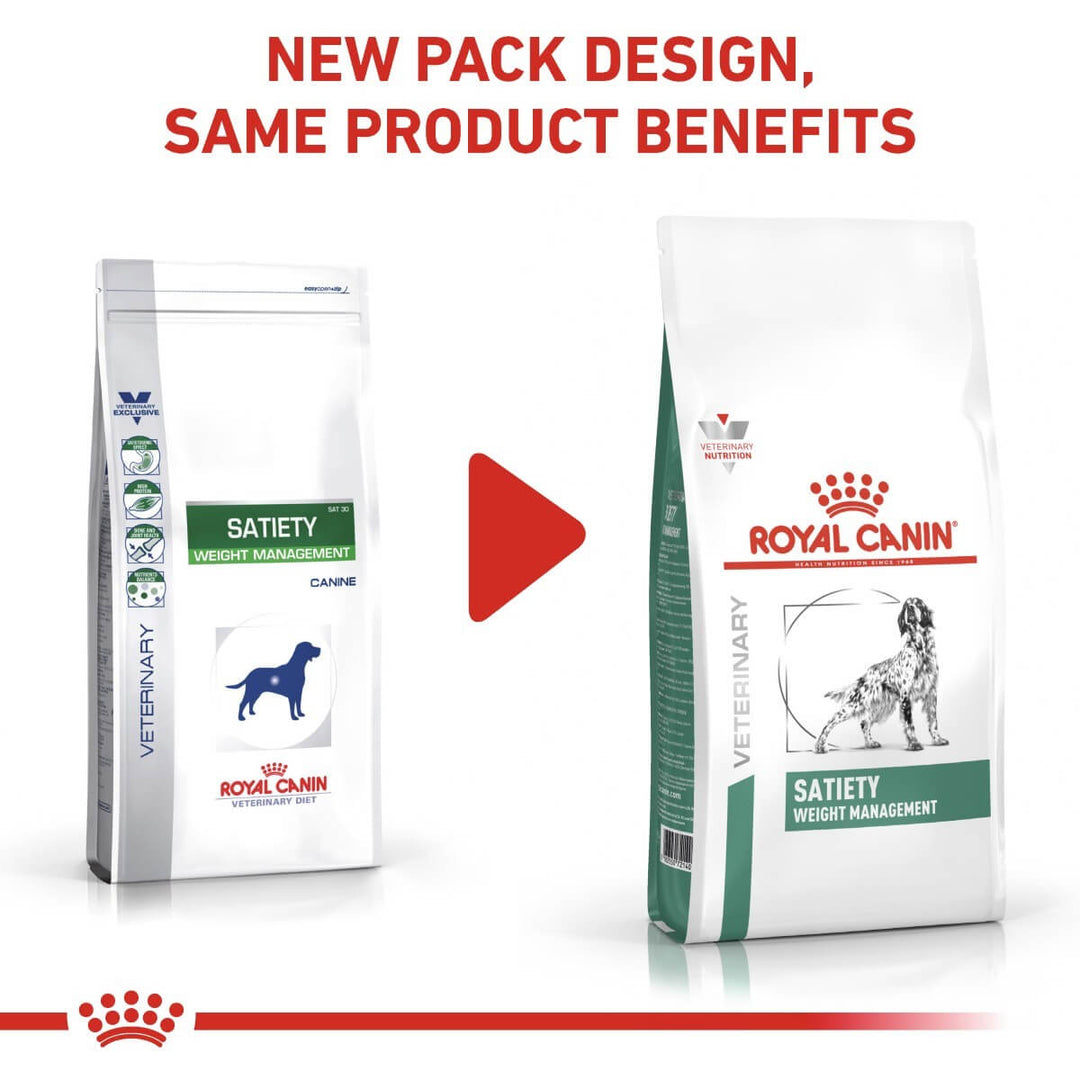 Two packages of Royal Canin Veterinary Diet Satiety Weight Management on a white background with text about new packaging design.