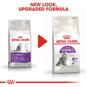 Two packages of Royal Canin Sensible cat food with a red play button graphic.