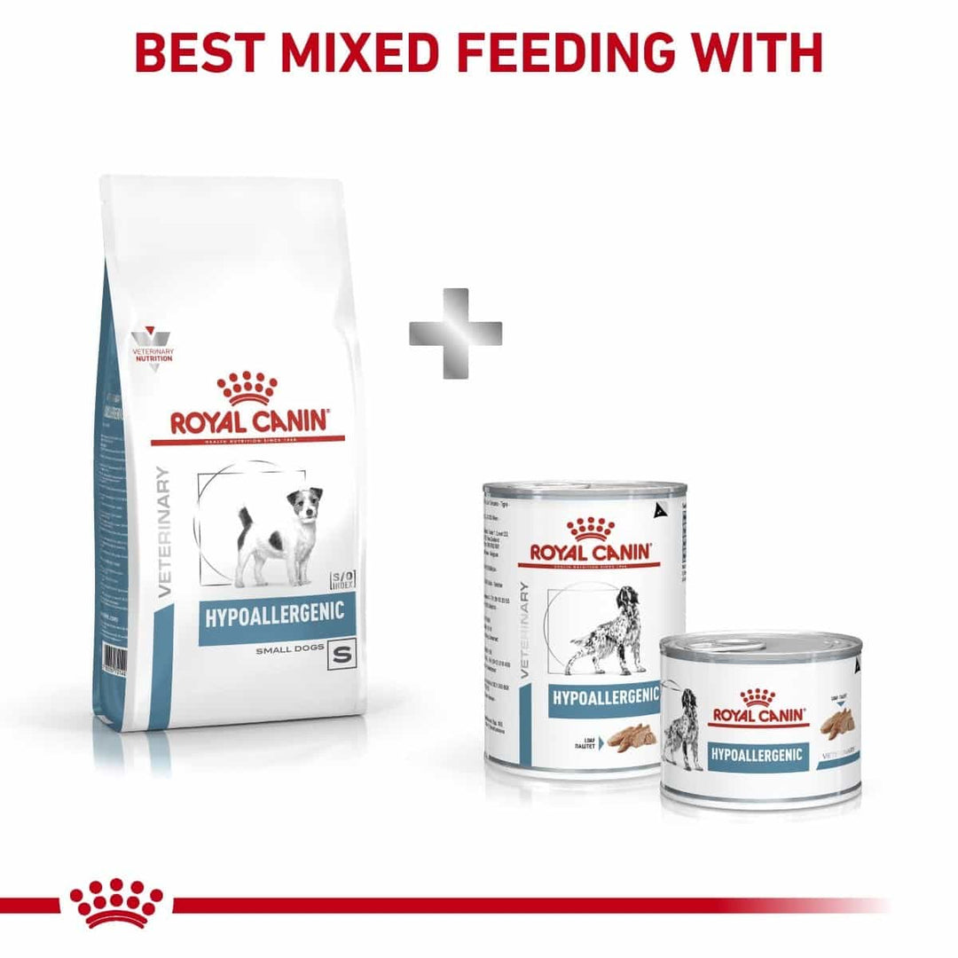 Royal Canin hypoallergenic pet food products on a white background