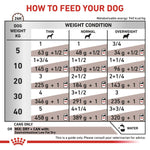 Load image into Gallery viewer, Feeding chart for dogs showing recommended food amounts based on weight and condition.

