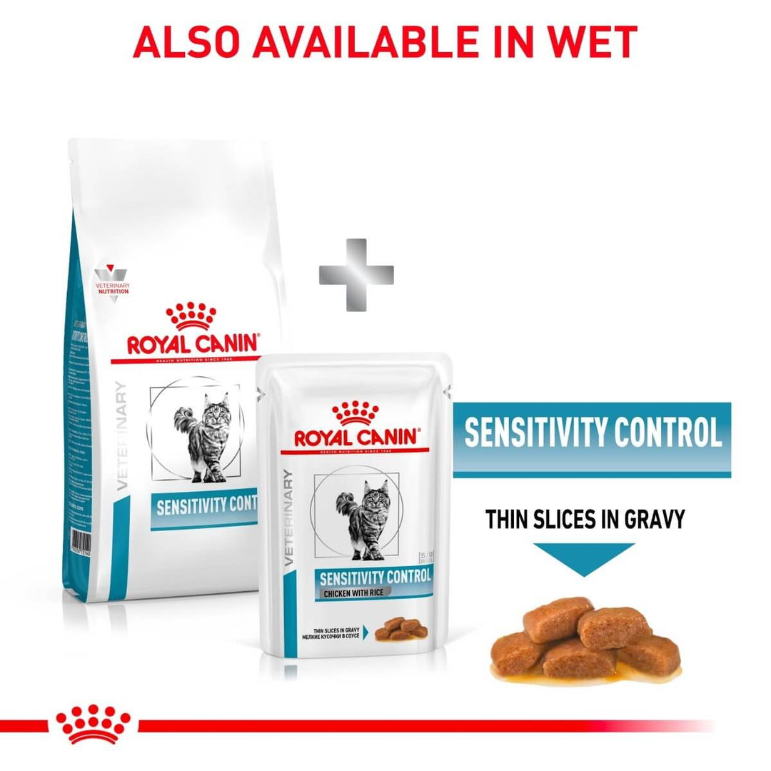 Royal Canin Sensitivity Control food packaging with text indicating availability in wet form.