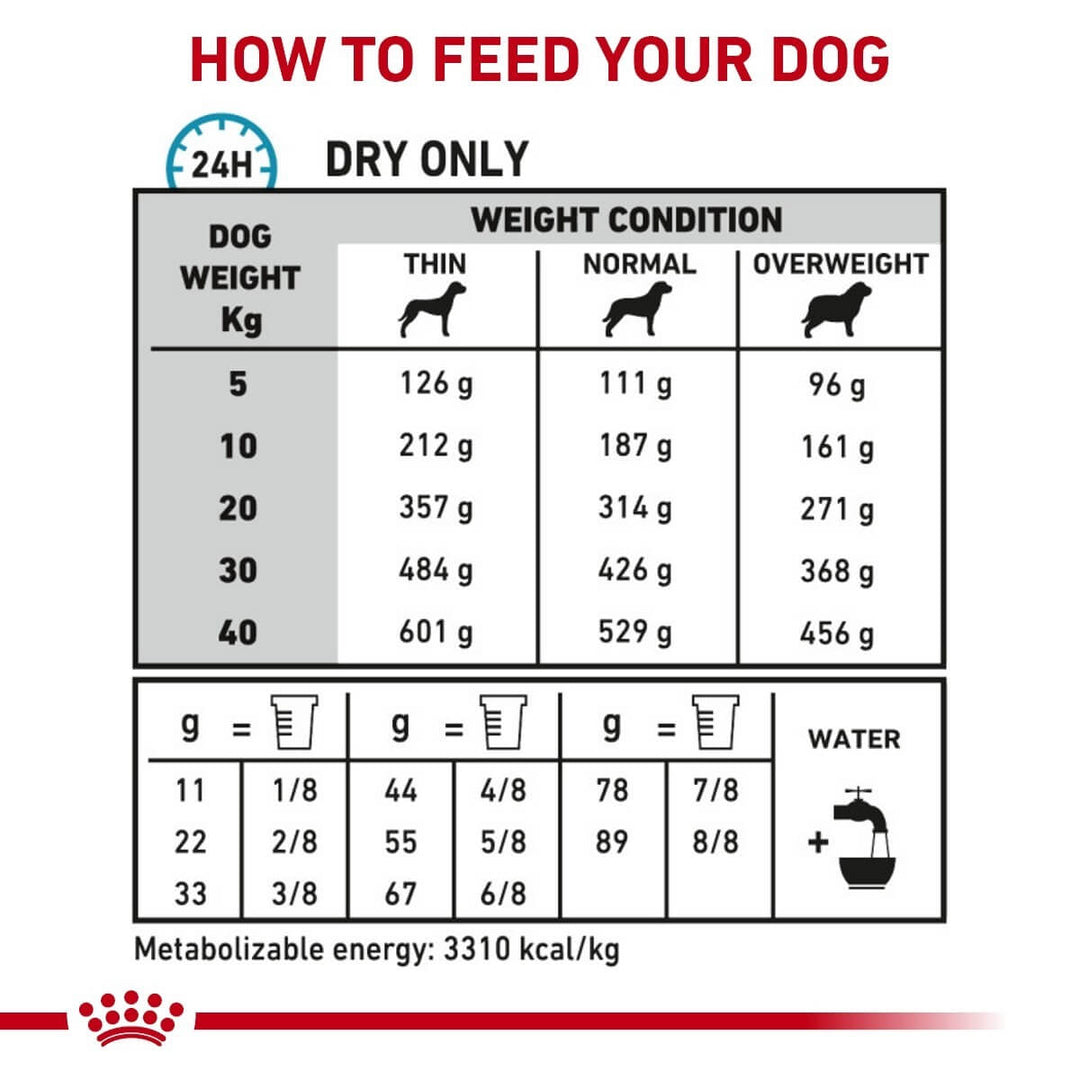 Dog food feeding chart for different weight conditions and dog weights