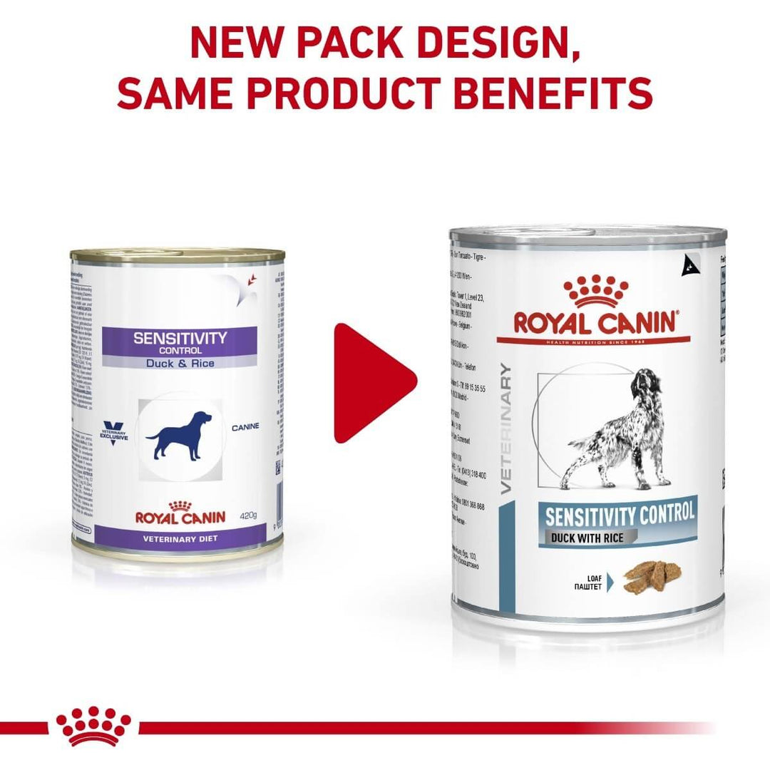 Two cans of Royal Canin Veterinary Diet Sensitivity Control on a white background with text about new packaging.