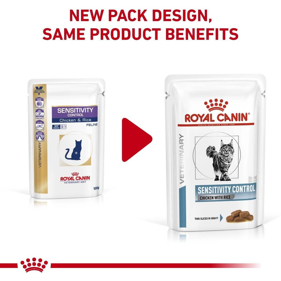 Two packages of Royal Canin Veterinary Diet Sensitivity Control cat food with a red play button in the middle.