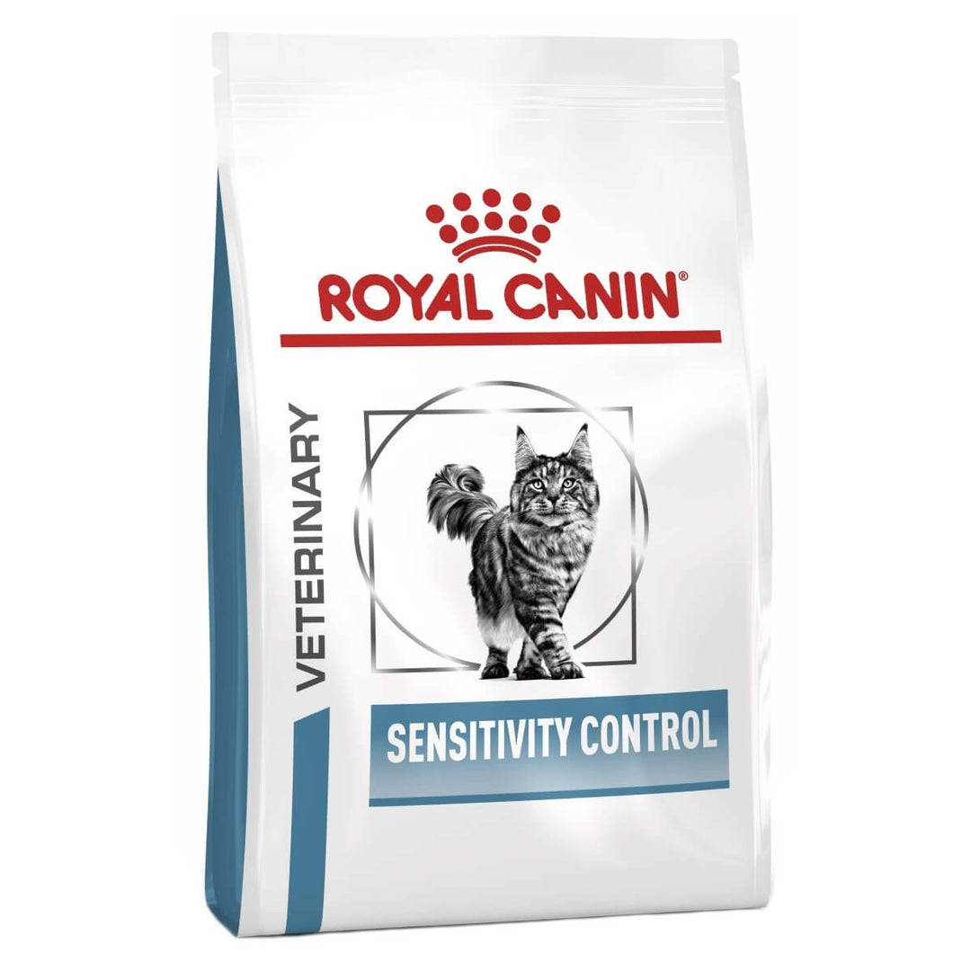 Royal Canin Veterinary Sensitivity Control cat food bag on a white background