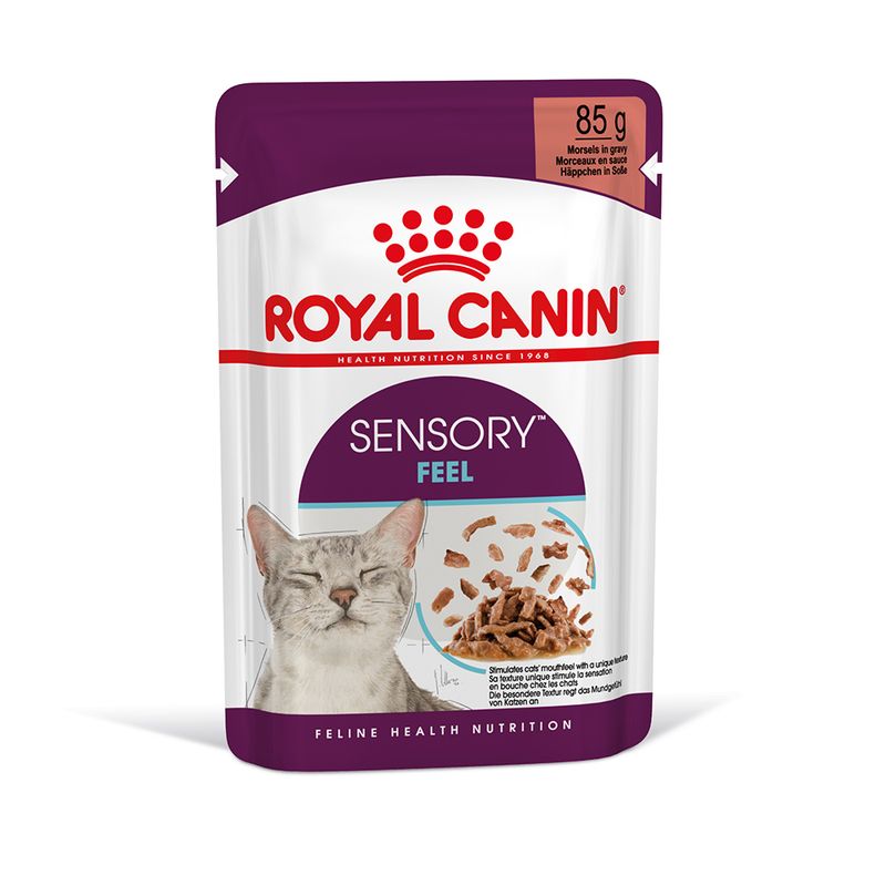 Royal Canin Sensory Feel cat food pouch on a white background
