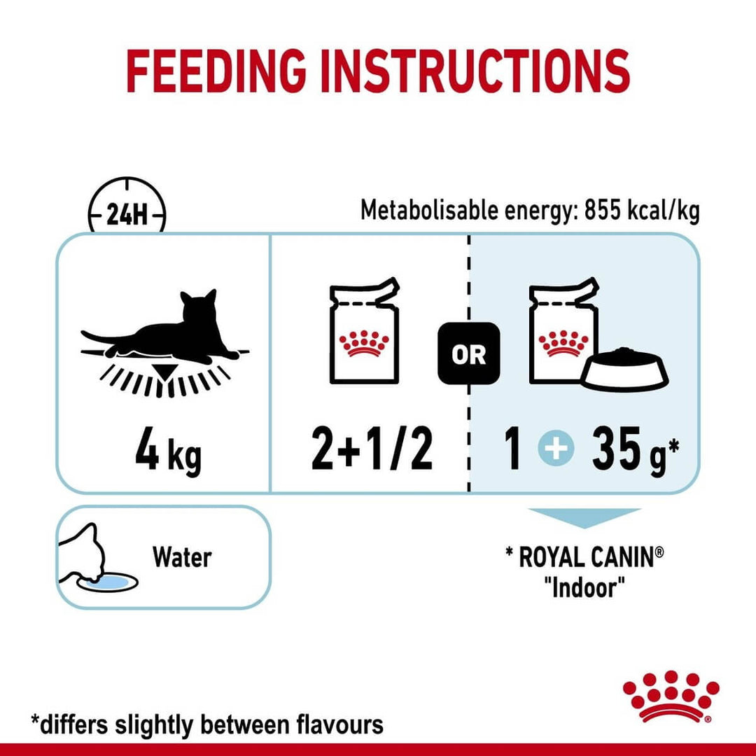 Royal Canin feeding instructions for indoor cats on a white background