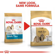 Two packages of Royal Canin Shih Tzu dog food with a red arrow and text indicating 'New Look, Same Formula'.