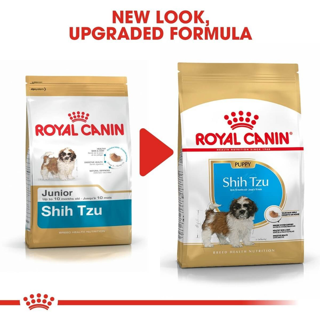 Two packages of Royal Canin Shih Tzu dog food with text indicating a new look and upgraded formula.