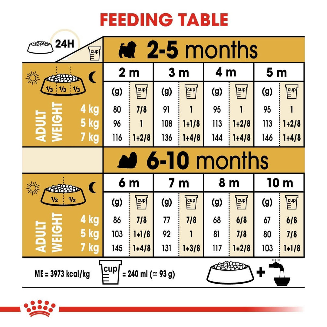 Feeding chart for puppies from 2 to 10 months with measurements and adult weight guidelines.