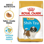 Royal Canin Shih Tzu puppy food packaging with key features highlighted.
