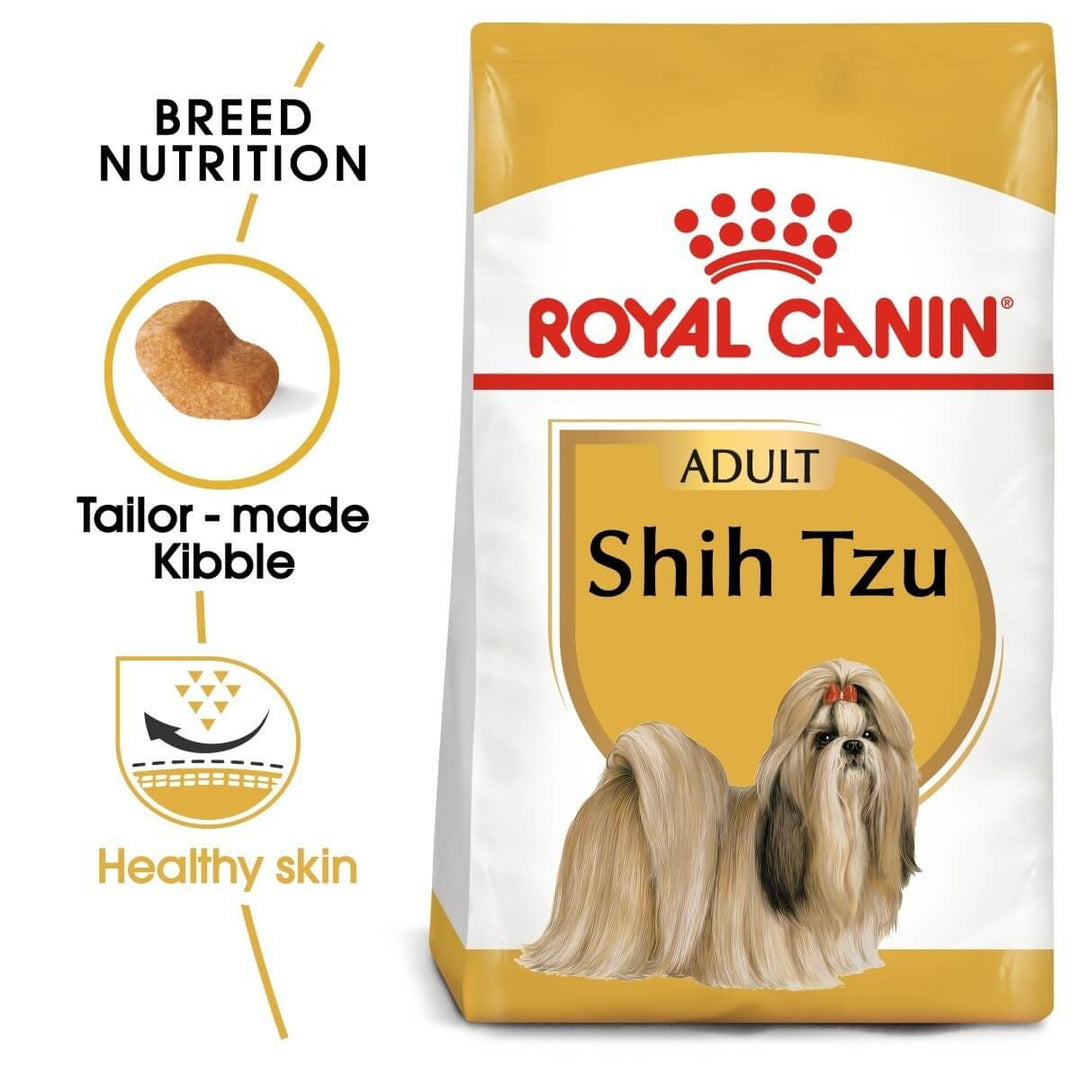 Royal Canin Shih Tzu dog food packaging with text and images of a Shih Tzu on a white background.