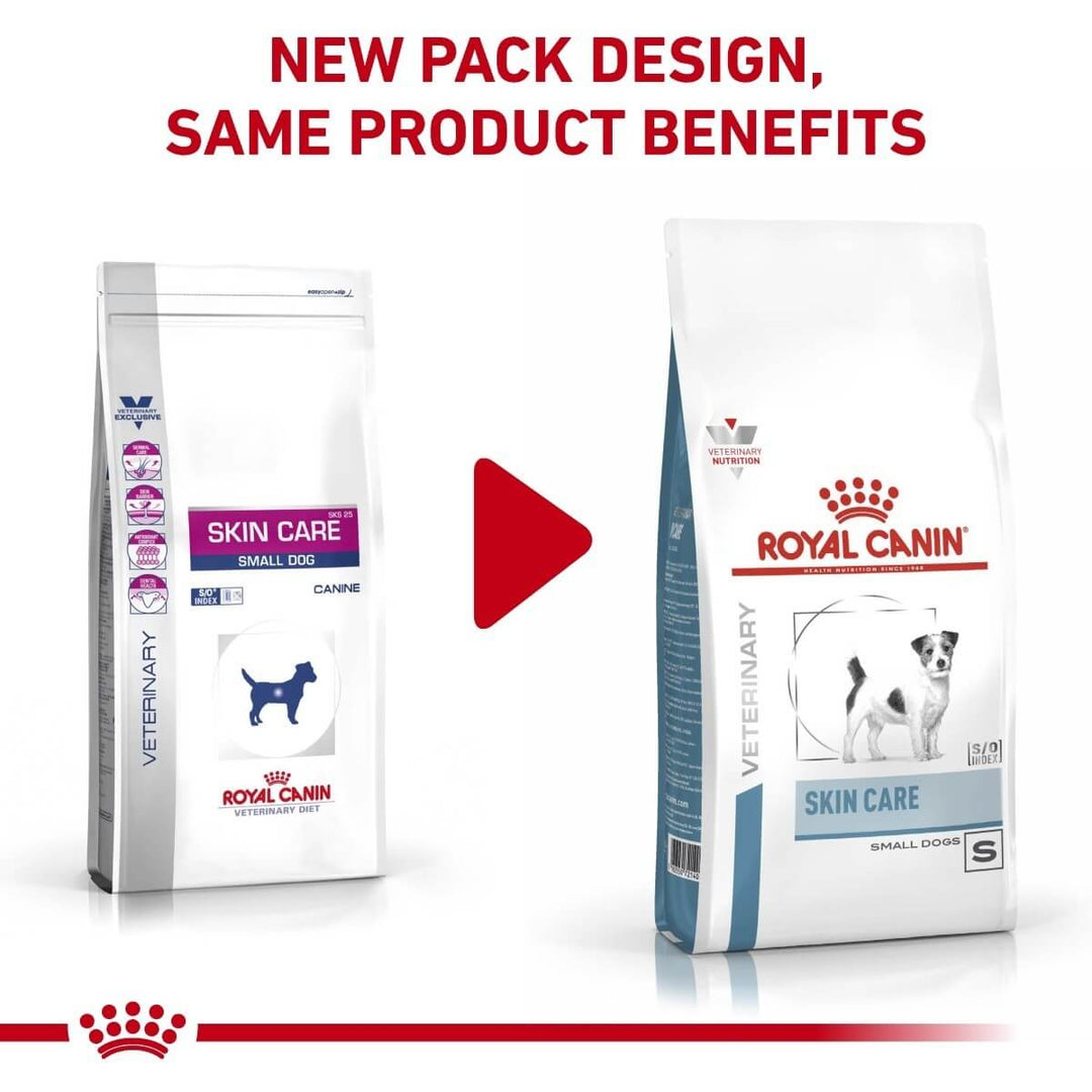 Two packages of Royal Canin Veterinary Skin Care dog food with a red play button graphic.