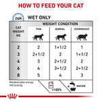 Load image into Gallery viewer, Feeding chart for cats indicating how much to feed based on weight and condition.
