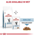 Load image into Gallery viewer, Royal Canin Skin &amp; Coat cat food packaging with text indicating availability in wet format.
