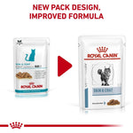 Load image into Gallery viewer, Two packages of Royal Canin Skin &amp; Coat cat food with text about new pack design and improved formula.
