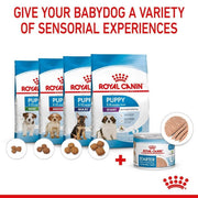 Royal Canin puppy food packages with text on a white background