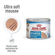 Royal Canin Starter Mother & Babydog can with text about ultra soft mousse and perfect taste for baby dogs.