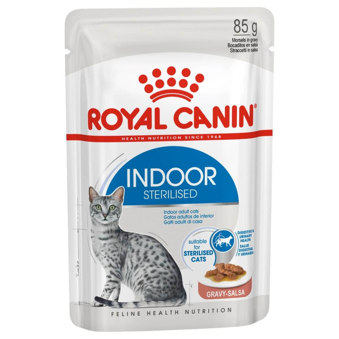 Royal Canin Indoor Sterilised cat food pouch on a white background