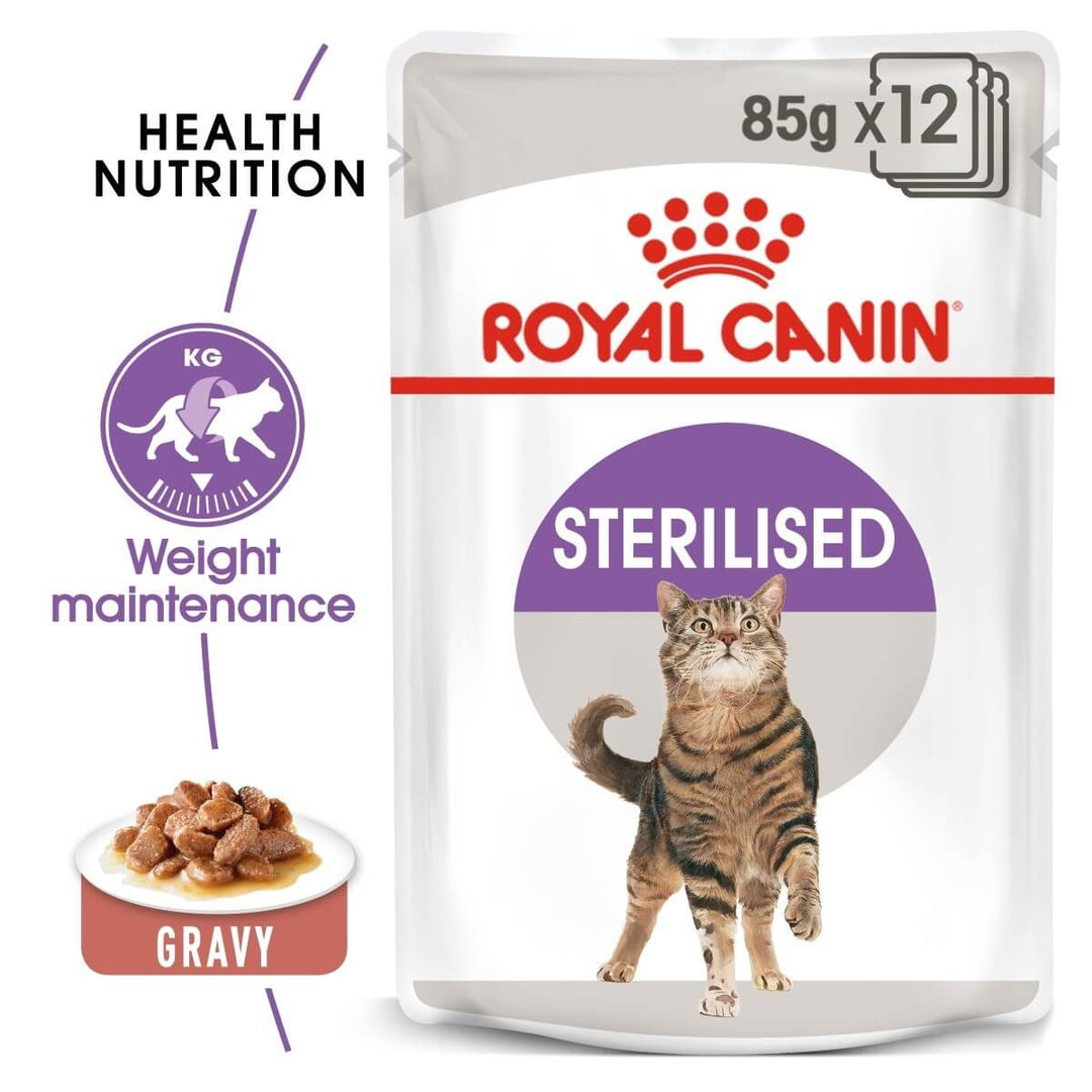 Royal Canin sterilised cat food pouch packaging on a white background