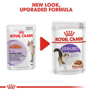 Two packages of Royal Canin Sterilised cat food with a red arrow and text indicating a new look and upgraded formula.