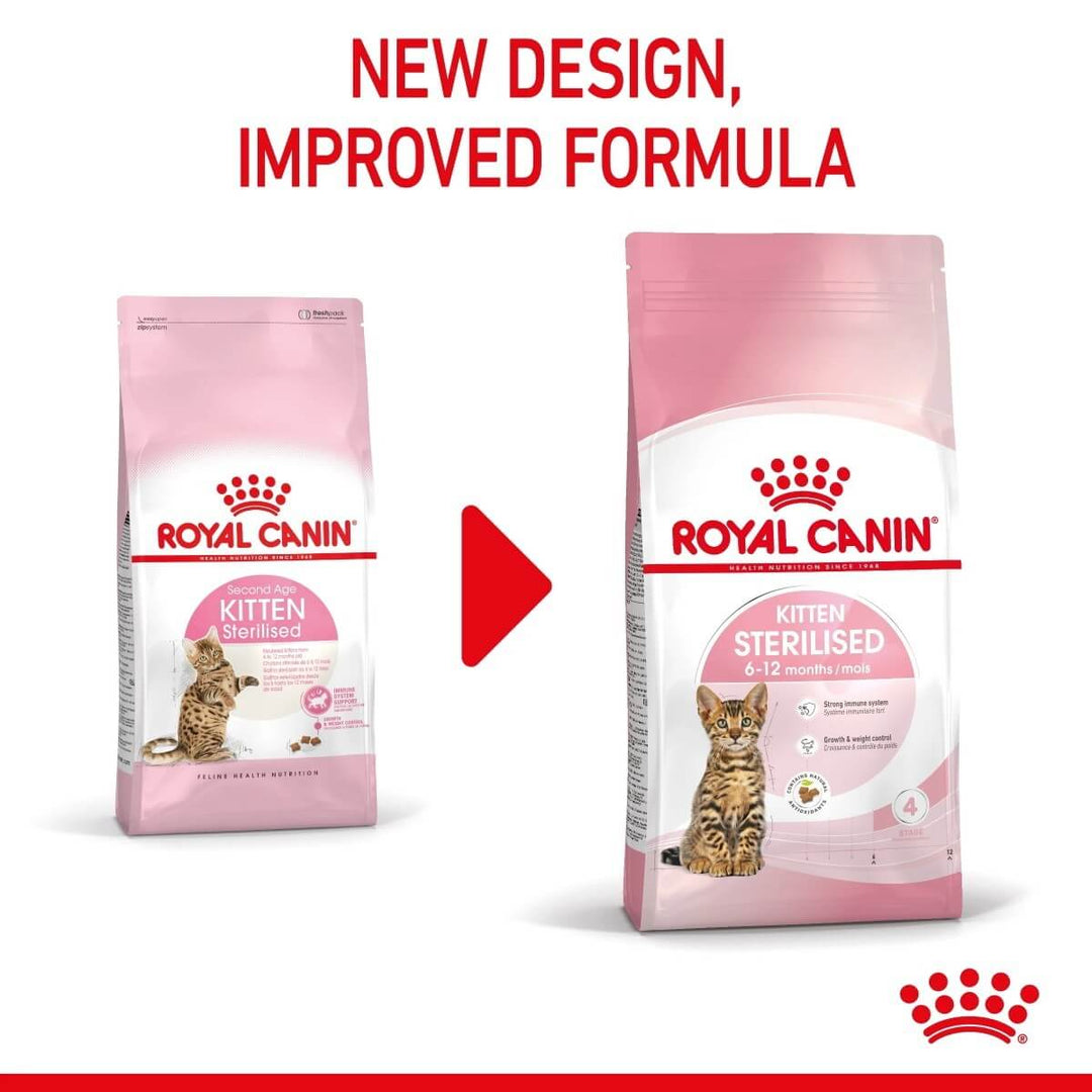 Two packages of Royal Canin Kitten food with a red arrow and text indicating new design and improved formula.