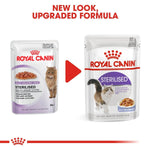 Load image into Gallery viewer, Two packages of Royal Canin Sterilised cat food with a red arrow between them indicating a new look and upgraded formula.
