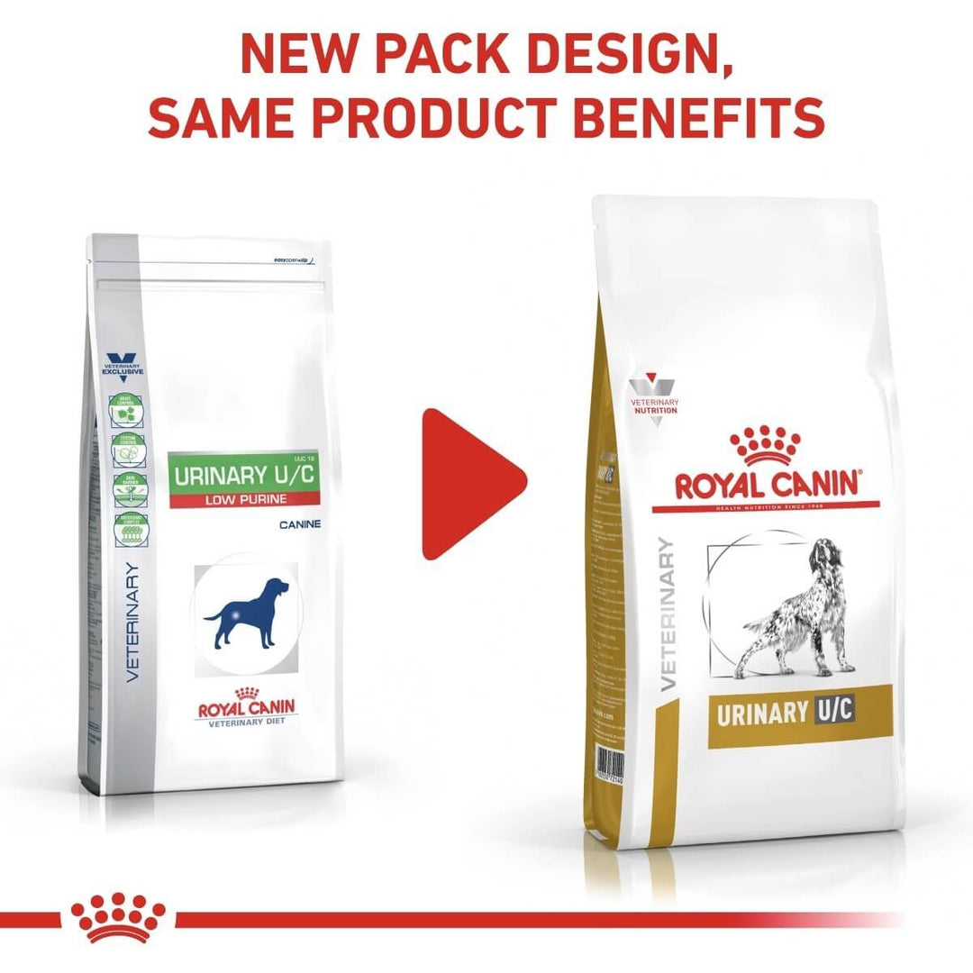 Two packages of Royal Canin Veterinary Diet Urinary U/C on a white background with text about new packaging design.