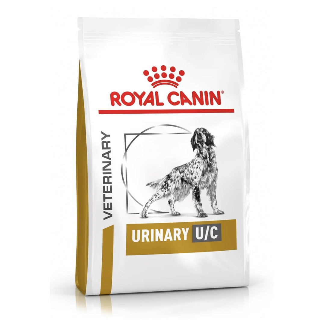 Royal Canin Veterinary Urinary U/C dog food package on a white background