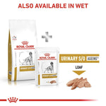 Load image into Gallery viewer, Royal Canin Veterinary Diet Urinary S/O Ageing+7 dog food packaging with text indicating availability in wet form.
