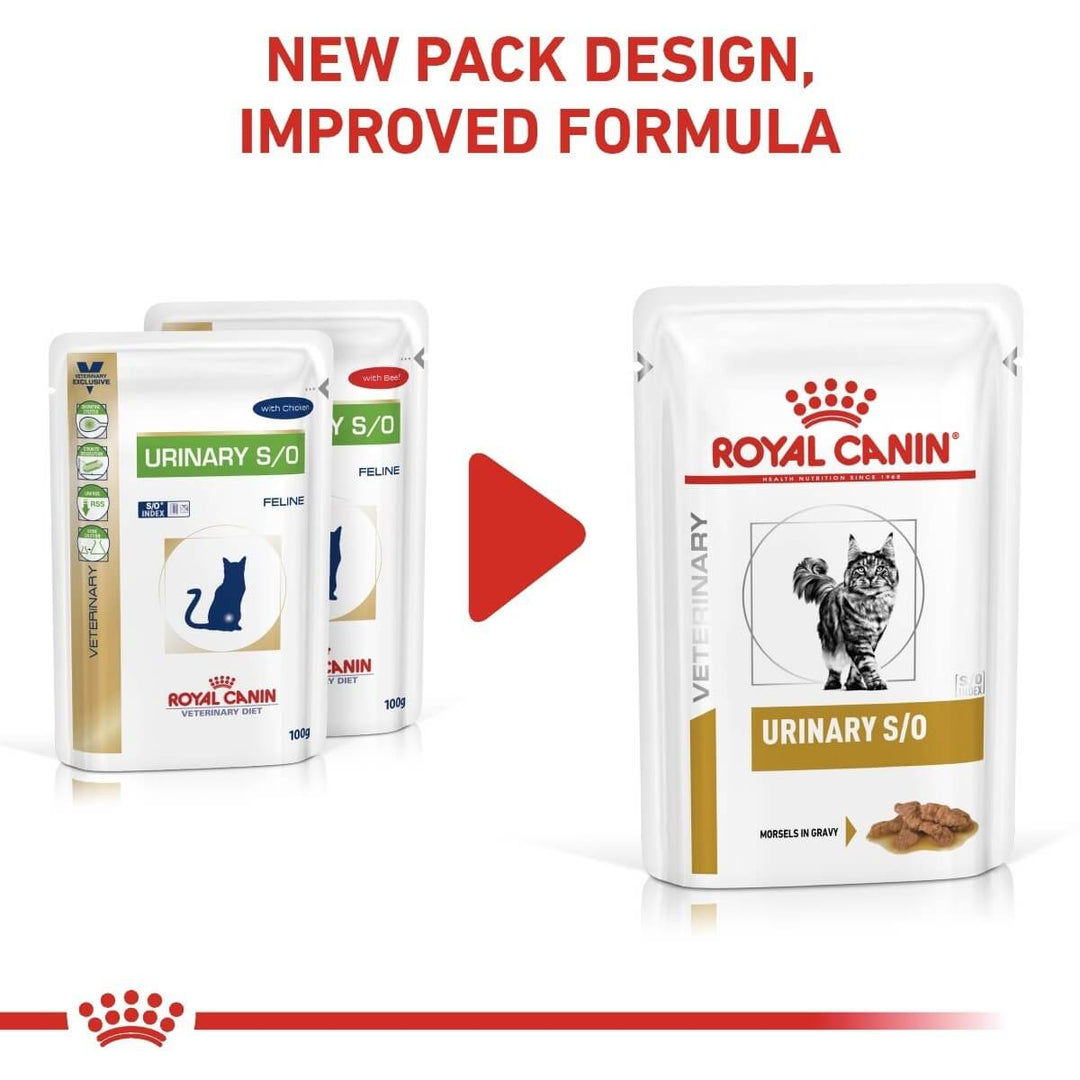 Royal Canin Veterinary Diet cat food packages with new pack design and improved formula text.