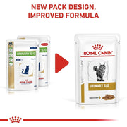 Royal Canin Veterinary Diet cat food packages with new pack design and improved formula text.