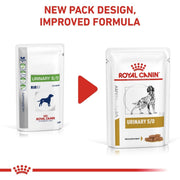 Two packages of Royal Canin Veterinary Diet Urinary S/O on a white background with text about new pack design and improved formula.