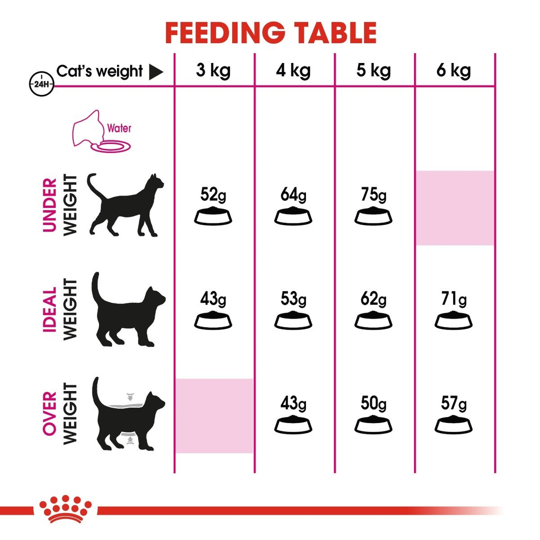 Feeding table chart for cats with weight categories and recommended food amounts.