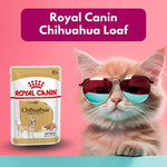 Load image into Gallery viewer, Cat wearing sunglasses with a Royal Canin Chihuahua Loaf package on a pink background

